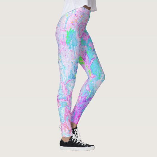 Aqua Blue en Hot Pink Hydrangea Landschap Leggings (Rechts)