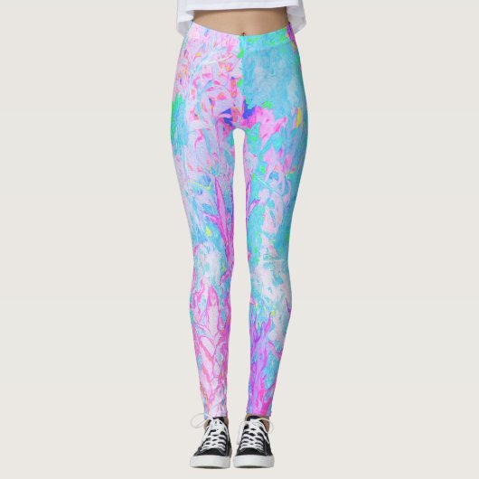 Aqua Blue en Hot Pink Hydrangea Landschap Leggings (Voorkant)