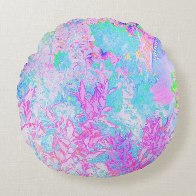 Aqua Blue en Hot Pink Hydrangea Landschap Rond Kussen (Voorkant)