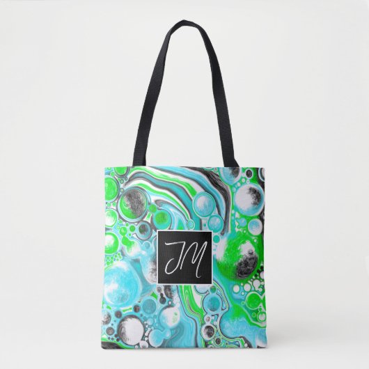 Aqua Blue en Lime Green Bubbles Marble Fluid Art Tote Bag (Voorkant)