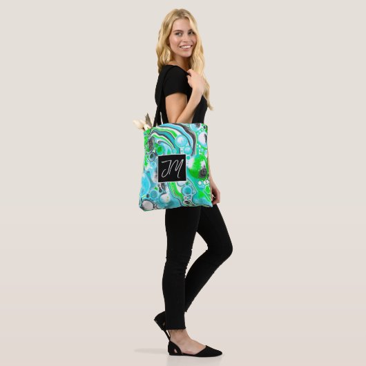 Aqua Blue en Lime Green Bubbles Marble Fluid Art Tote Bag (Op model)