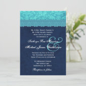 Aqua Blue en Navy Damask Wedding A001 Kaart (Staand voorkant)