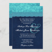 Aqua Blue en Navy Damask Wedding A001 Kaart (Voorkant / Achterkant)