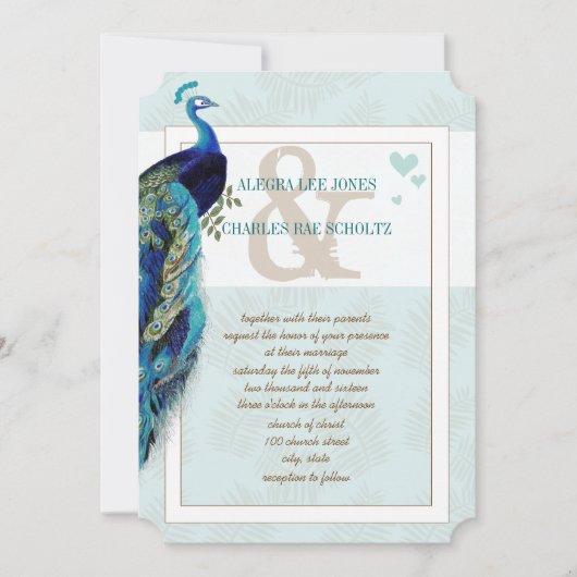 Aqua Blue en Navy Peacock Wedding Invitation Kaart (Voorkant)