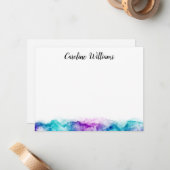 Aqua blue en paarse waterverf gepersonaliseerde na notitiekaartje (Voorkant / Achterkant in situ)