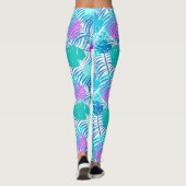 Aqua Blue en Roze Tropisch Leaf Patterned Leggings (Achterkant)