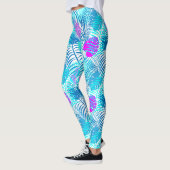 Aqua Blue en Roze Tropisch Leaf Patterned Leggings (Links)