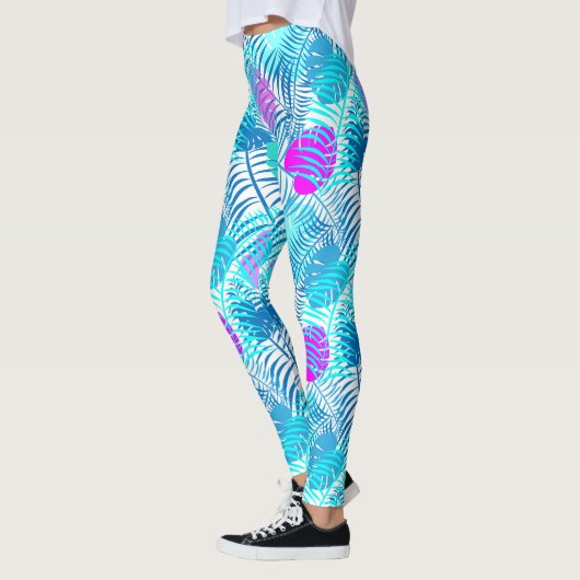 Aqua Blue en Roze Tropisch Leaf Patterned Leggings (Links)