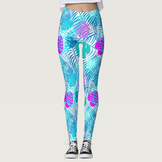 Aqua Blue en Roze Tropisch Leaf Patterned Leggings (Voorkant)