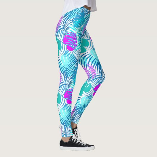 Aqua Blue en Roze Tropisch Leaf Patterned Leggings (Rechts)
