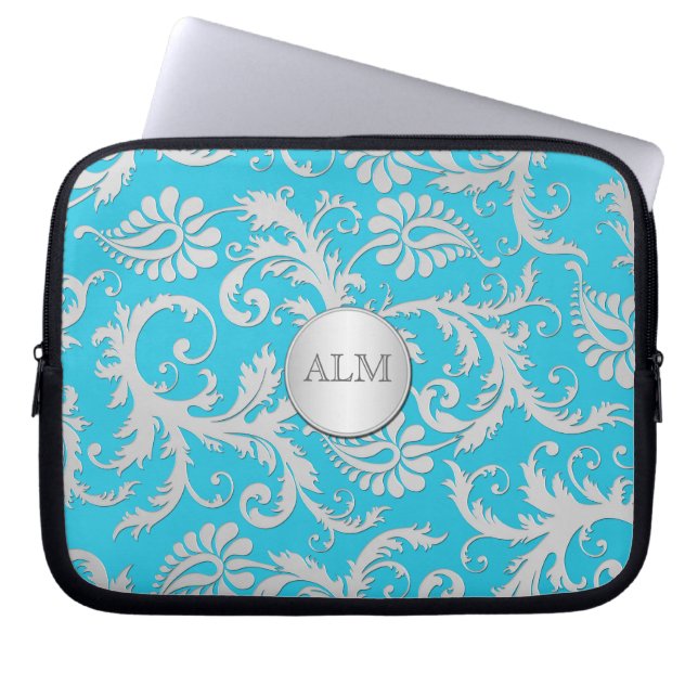 Aqua Blue en Silver Damask-laptophoes Laptop Sleeve (Voorkant)