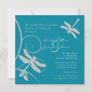 Aqua Blue en Silver Dragonfly Wedding Invitation Kaart