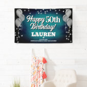 Aqua Blue en Silver Happy Birthday Banner (Insitu)