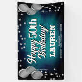 Aqua Blue en Silver Happy Birthday Banner (Verticaal)