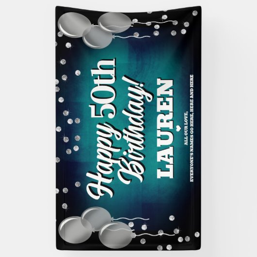 Aqua Blue en Silver Happy Birthday Banner (Verticaal)