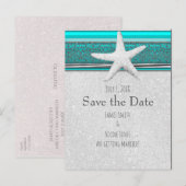 Aqua Blue en Silver Starfish Beach Save the Date Aankondigingskaart (Voorkant / Achterkant)