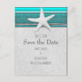Aqua Blue en Silver Starfish Beach Save the Date Aankondigingskaart (Voorkant)