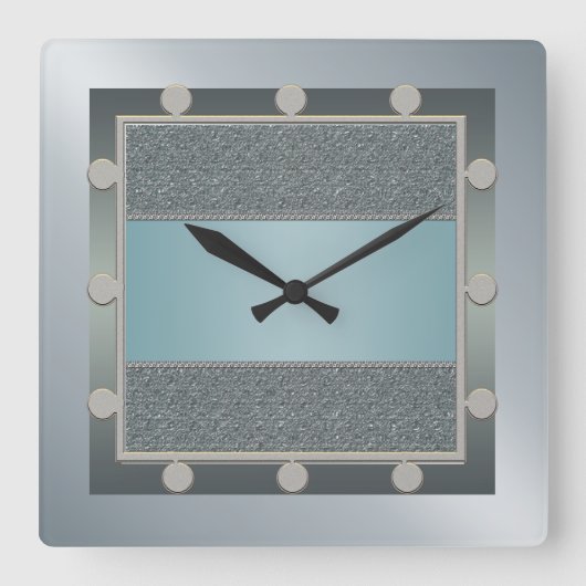Aqua Blue en Silver Wall Clock Vierkante Klok (Voorkant)