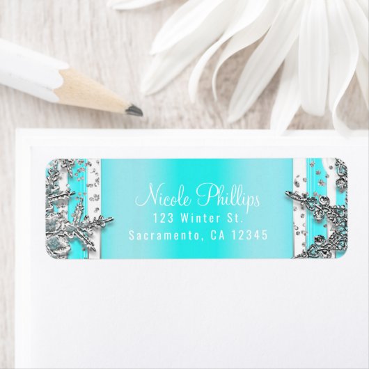 Aqua Blue en Silver Winter Snowflakes Elegant Part Etiket (Insitu)