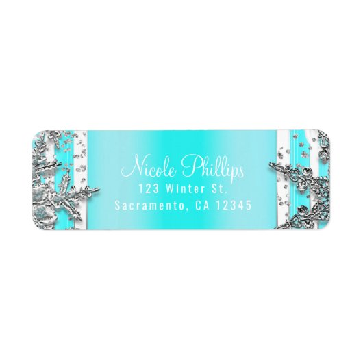 Aqua Blue en Silver Winter Snowflakes Elegant Part Etiket (Voorkant)