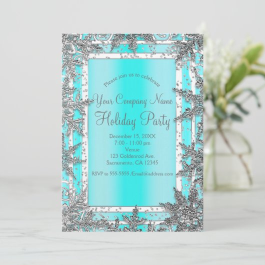 Aqua Blue en Silver Winter Snowflakes Elegant Part Kaart (Staand voorkant)