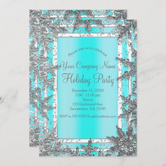Aqua Blue en Silver Winter Snowflakes Elegant Part Kaart (Voorkant / Achterkant)