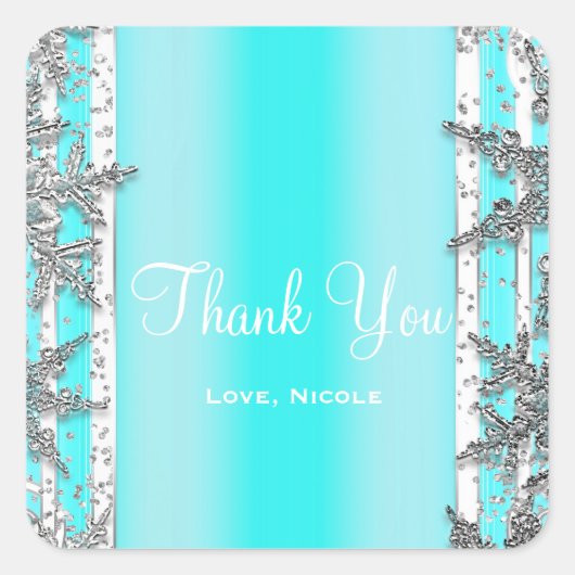 Aqua Blue en Silver Winter Snowflakes Elegant Part Vierkante Sticker (Voorkant)