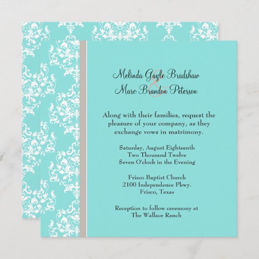Aqua Blue en Taupe Damask Wedding Invitation Kaart (Voorkant / Achterkant)