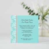 Aqua Blue en Taupe Damask Wedding Invitation Kaart (Staand voorkant)