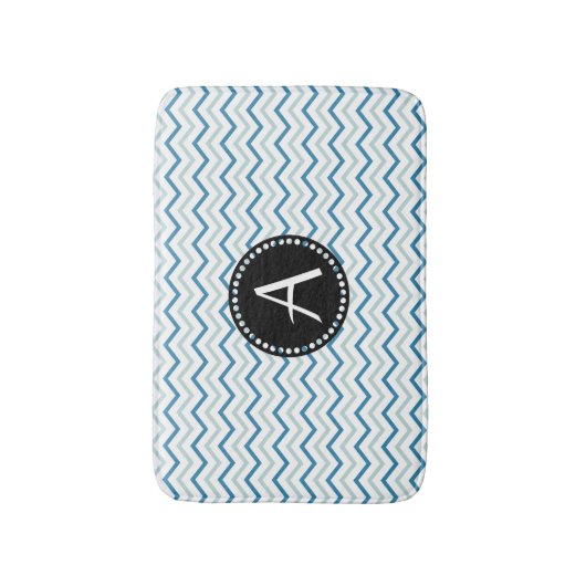 Aqua Blue en white Chevron zigzag Patter Monogram Badmat (Voorkant Verticaal)
