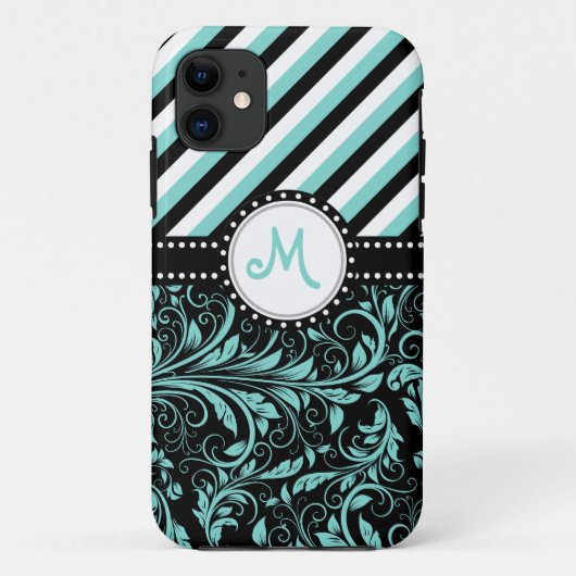 Aqua Blue en White Damask met strepen en monogram Case-Mate iPhone Case (Achterkant)