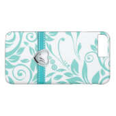 Aqua Blue en White Damask Pattern met Monogram Case-Mate iPhone Case (Achterkant (Horizontaal))