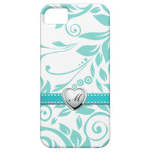 Aqua Blue en White Damask Pattern met Monogram