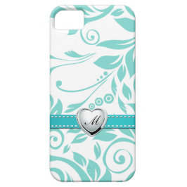 Aqua Blue en White Damask Pattern met Monogram Case-Mate iPhone Case