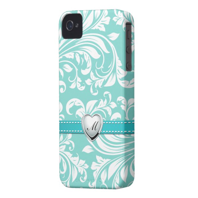 Aqua Blue en White Damask Pattern met Monogram Case-Mate iPhone Case (Achterkant Links)