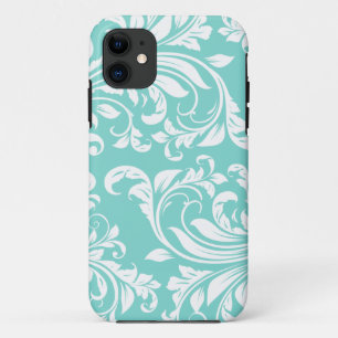 Aqua Blue en White Damast Pattern iPhone 11 Hoesje