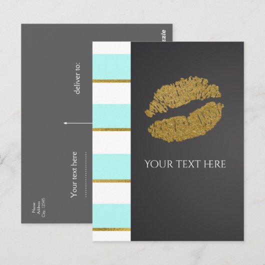 Aqua Blue en White Faux Gold Shimmer Lips Event Briefkaart (Voorkant / Achterkant)
