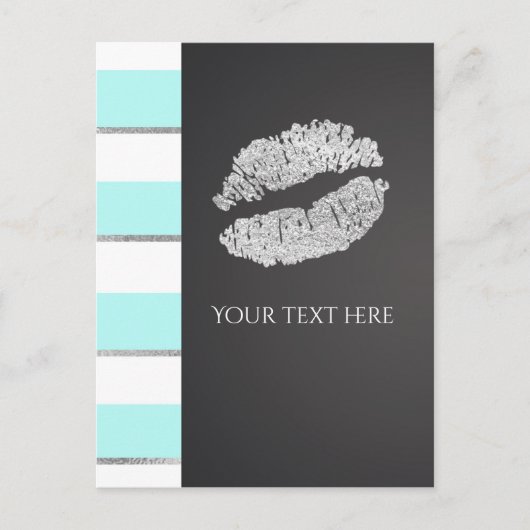 Aqua Blue en White Faux Silver Shimmer Lips Event Briefkaart (Voorkant)