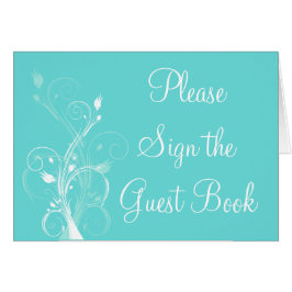 Aqua Blue en White Floral Guest Book Table Card