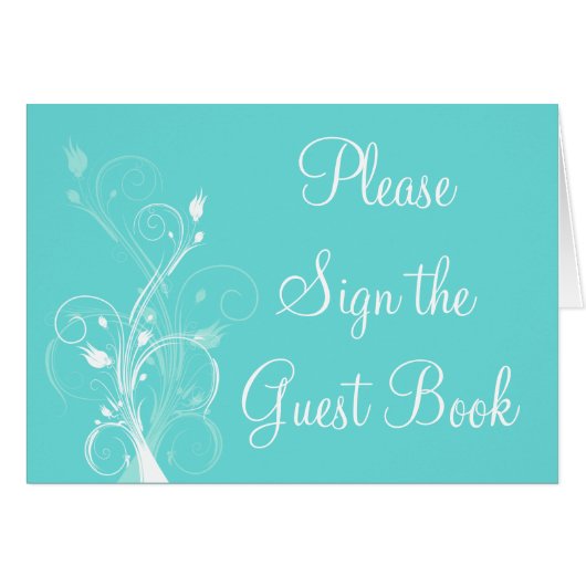 Aqua Blue en White Floral Guest Book Table Card (Voorkant Horizontaal)