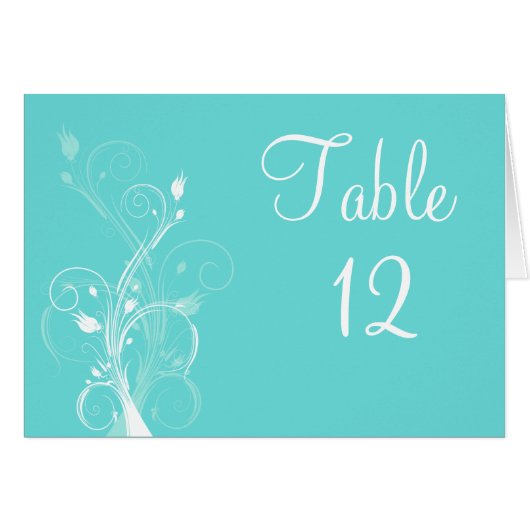Aqua Blue en White Floral Table Number Card (Voorkant Horizontaal)