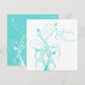 Aqua Blue en White Floral Wedding Invitation Kaart (Voorkant / Achterkant)