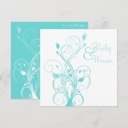 Aqua Blue en White Floral Wedding Invitation Kaart (Voorkant / Achterkant)