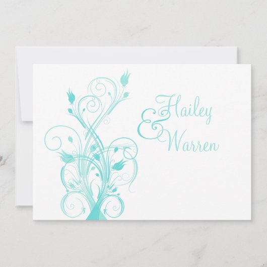 Aqua Blue en White Floral Wedding Invitation Kaart (Voorkant)