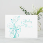 Aqua Blue en White Floral Wedding Invitation Kaart (Staand voorkant)