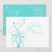 Aqua Blue en White Floral Wedding Invitation Kaart (Voorkant / Achterkant)