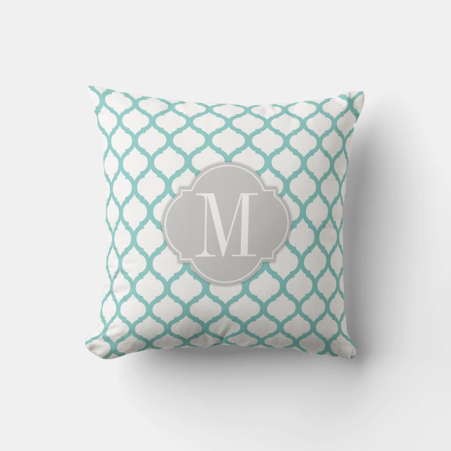 Aqua blue en White Moroccan patroon met monogram Kussen (Voorkant)