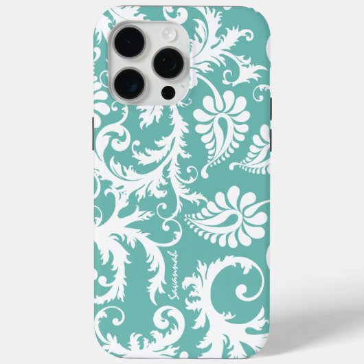 Aqua Blue en White Personalized Damask Case-Mate iPhone Case (Achterkant)