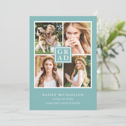 Aqua Blue en White Photo Collage Afstuderen Aankondiging (Staand voorkant)