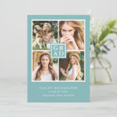 Aqua Blue en White Photo Collage Afstuderen Kaart (Staand voorkant)